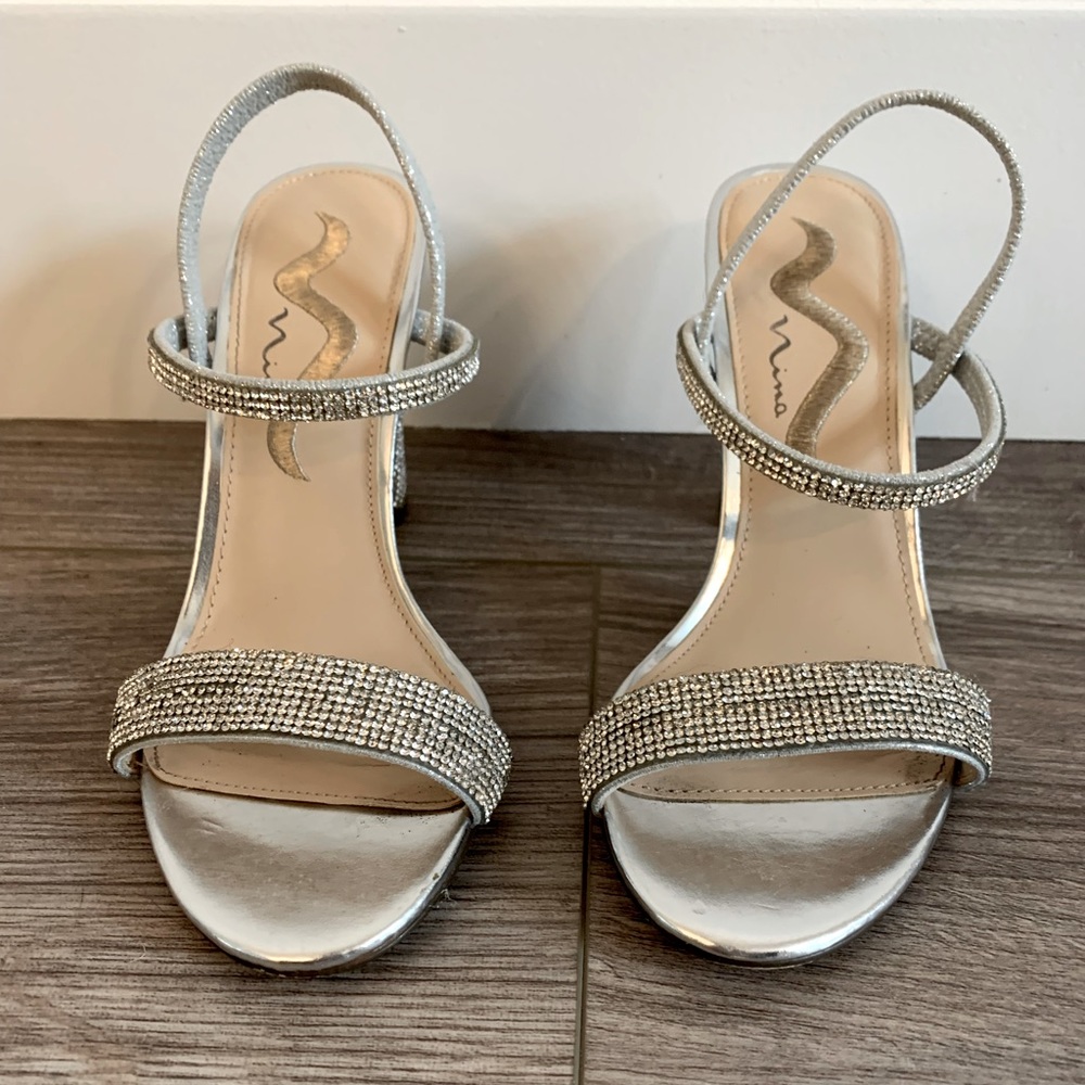 Silver rhinestone block heels
